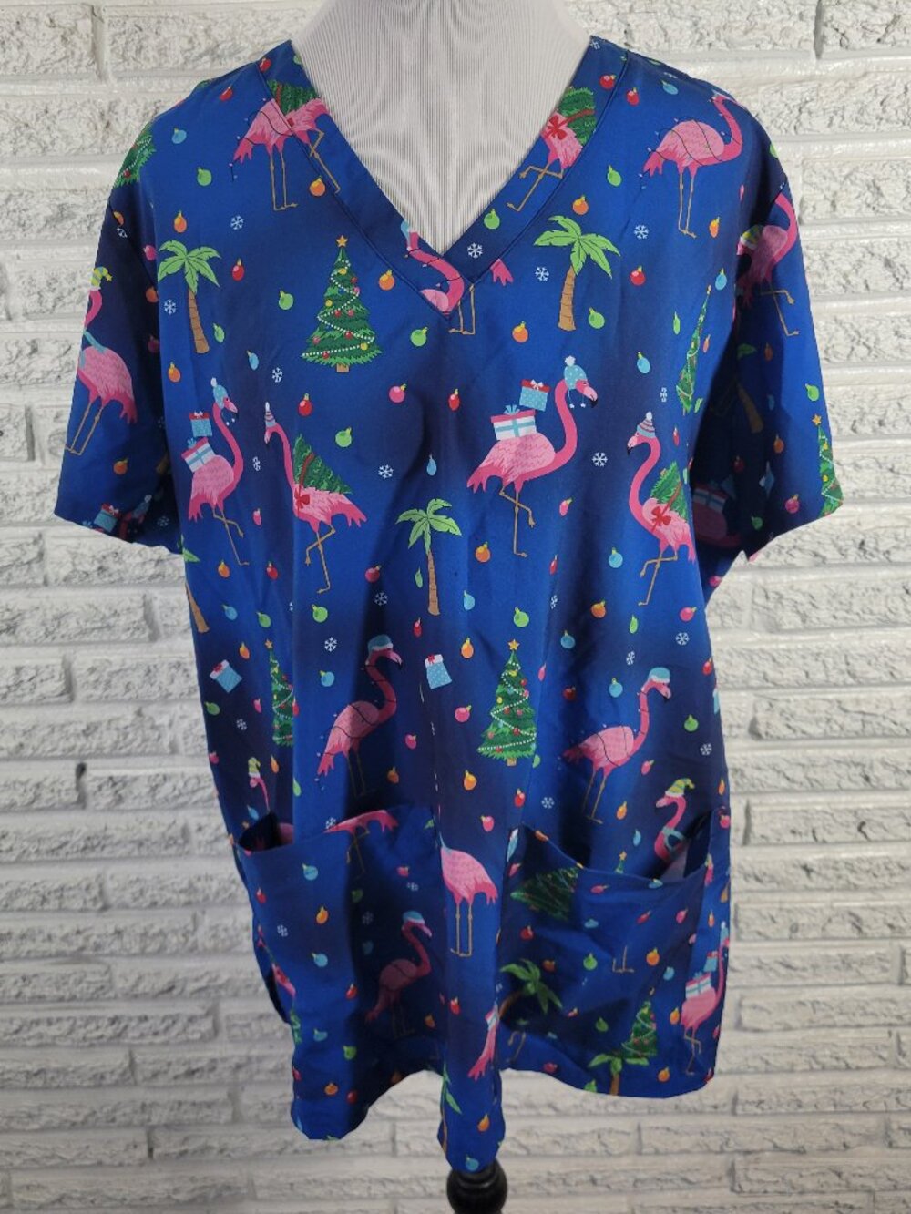 Ava Therese Zarate 2XL Scrub Top Christmas Blue Flamingo Unisex V-Neck NOV88E